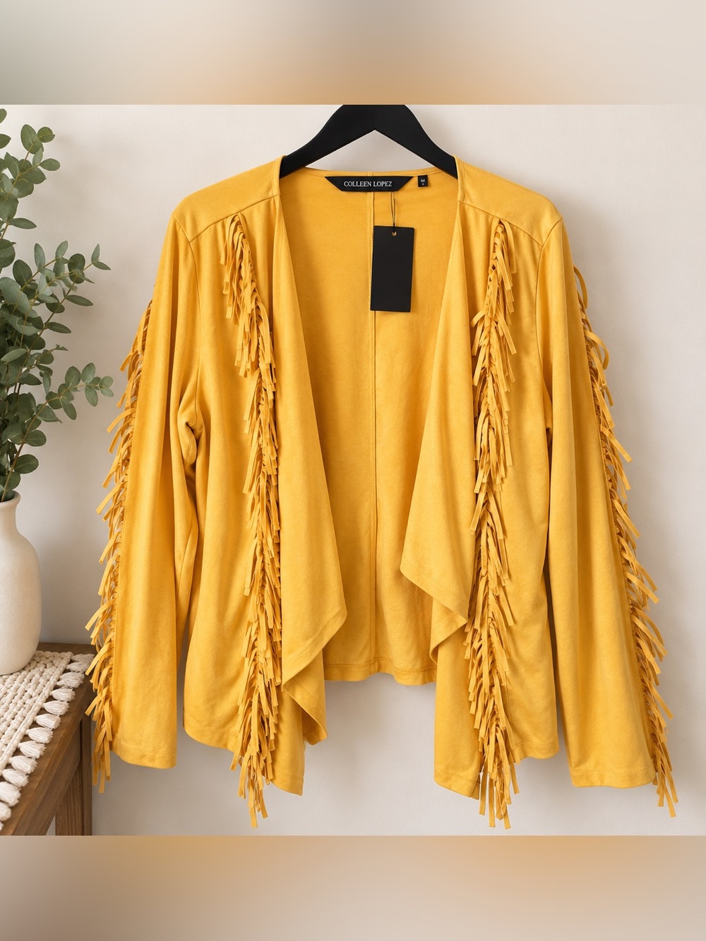 Colleen Lopez Golden Yellow Fringe Open-Front Cardigan